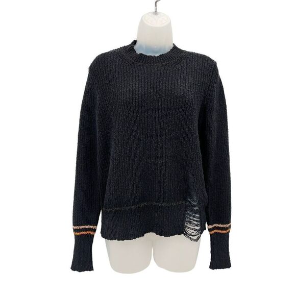 Raquel Allegra Pullover Sweater Size 1 Black Knit Cotton Long Sleeve Distressed - Picture 1 of 14